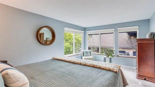 Views of the back yard & deck from your bed in this primary suite!
