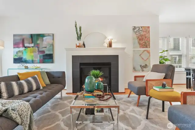 Living room with a fabulous gas fireplace.