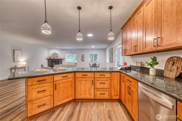 The kitchen flows nicely into the massive great room.