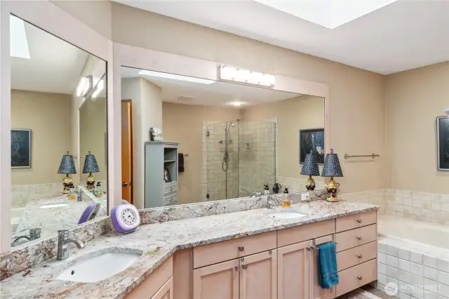 The primary bathroom has dual sinks, a soaking tub, separate shower (see it in the mirror) and a utility closet.