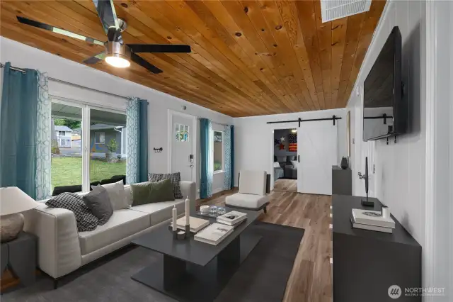 Living room with gorgeous ceilings. (Virtually Staged)