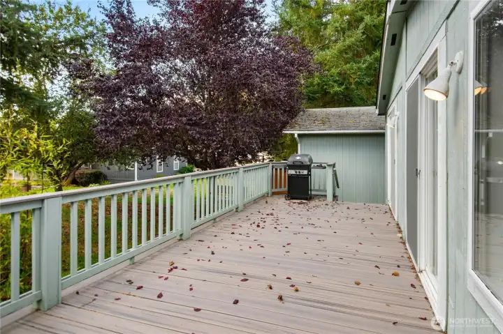This large lot has beautiful plantings all around it.  The deck's stairs lend access to the side door on the double car garage.