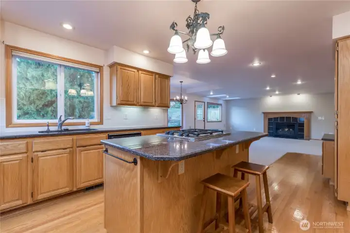 A view of the kitchen island with the cooktop and eating bar, and the sink area with dual undermount stainless steel sinks.  Notice the lighting fixtures, recessed lighting, and the oak cabinets.  For ease of maintenance, there is also a central vacuum system