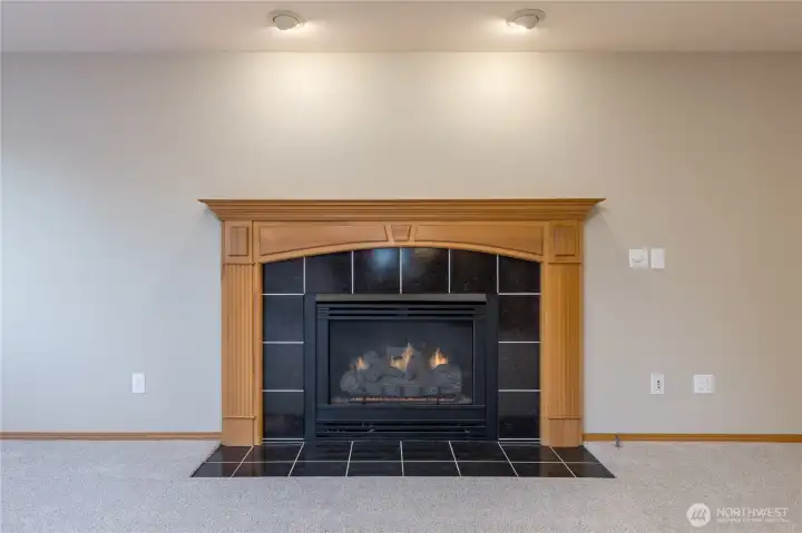 A closer view of the family room's gas fireplace-great for ambiance and heat.