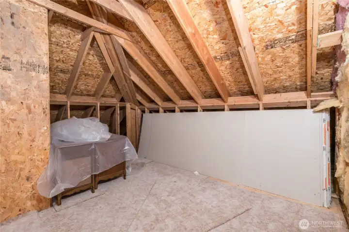 The unfinished upstairs storage room, accessed by the bonus room