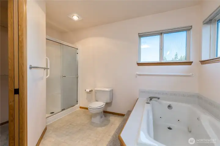 Another view of the upstairs primary bedroom bath suite, showing the jetted tub and walk-in shower