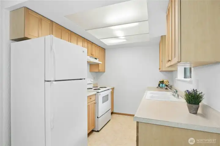 There's lots of elbow room for two chefs in this bright sunny kitchen with its brand new range/oven and nice cabinetry.