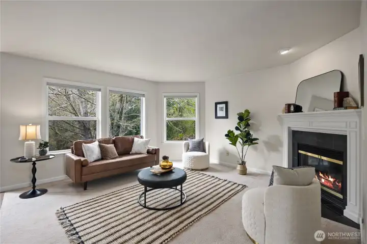 Light filled living room with a cozy fireplace
