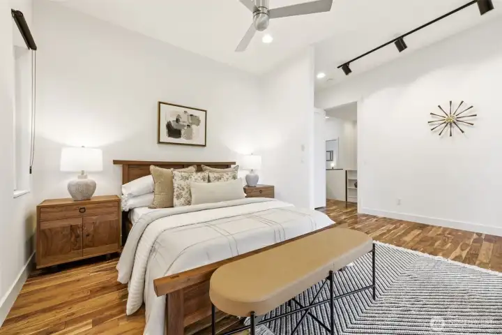 A serene primary suite with understated luxury