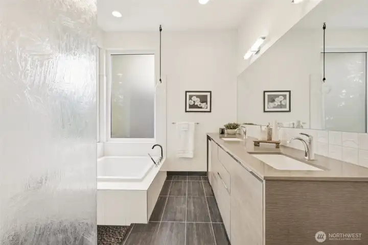 Spa-like primary bath with Japanese soaking tub