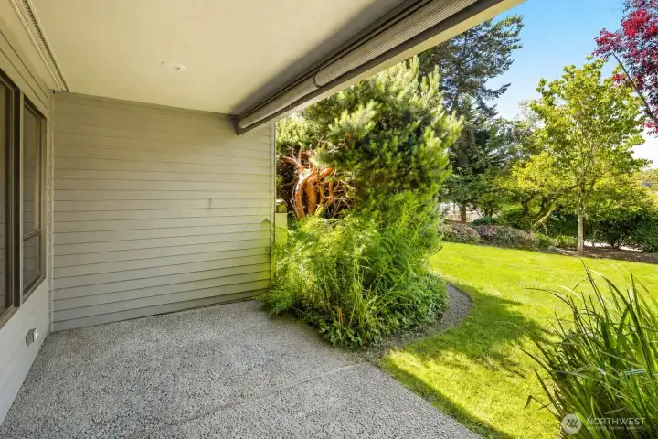 Back patio opens to lush green lawn Back patio opens to lush green lawn