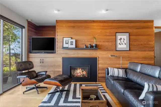 Cedar paneling accents in the living room.