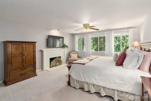 Primary Bedroom with fireplace & park view
