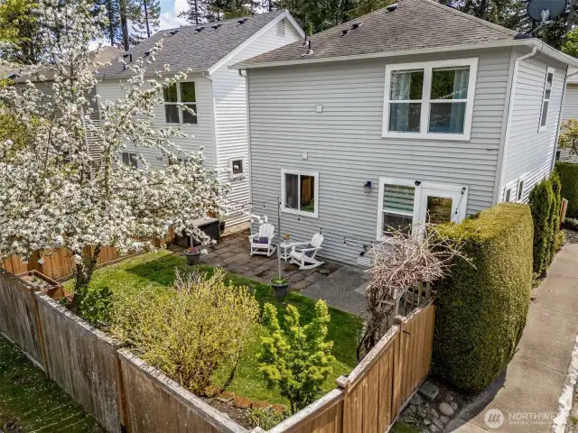 Fully fenced yard with patio, Mt Si views, raised garden bed plus a storage shed for all your toys