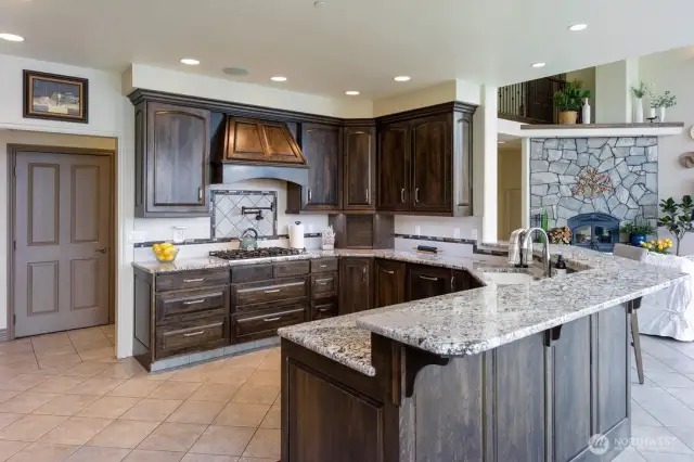 Chef's kitchen with expansive counter and prep space, dishwasher, trash compactor, pot-filler and more.