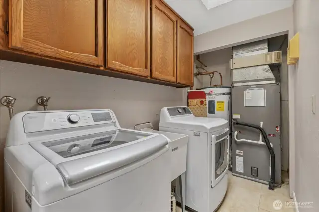 Laurndry room with furnace and hot water tank