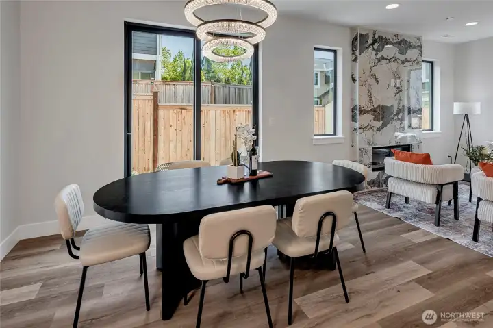 Bright dining room featuring MSR's newest light fixtures