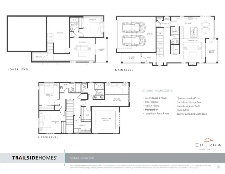Photos, plans and elevations may be examples representing the community, community  amenities, homes or artist’s renderings that may not accurately represent the actual  condition of a homesite or home as constructed, and may also contain options and  upgrades which are not included in the sale. Trailside Homes reserves the right to make  changes to floor plans, specifications, dimensions, design and elevations without prior  notice. Stated dimensions and square footage, if applicable, are estimated and should  not be used as representations of the home’s actual size.