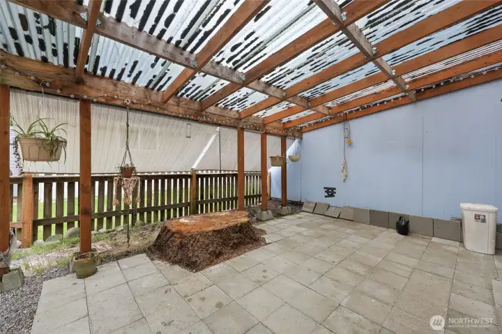 View from back porch with garage on right.