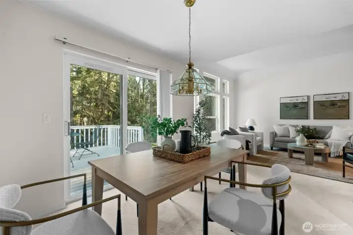 Airy dining and living room space balances entertaining with relaxation.