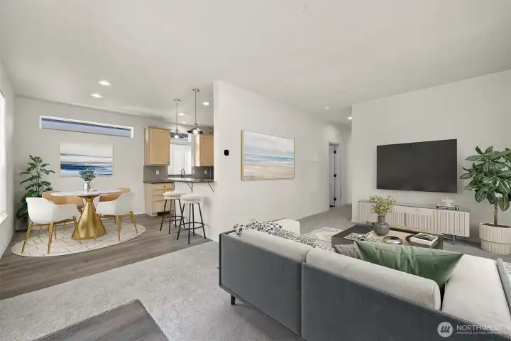 Virtually staged living and dining room.