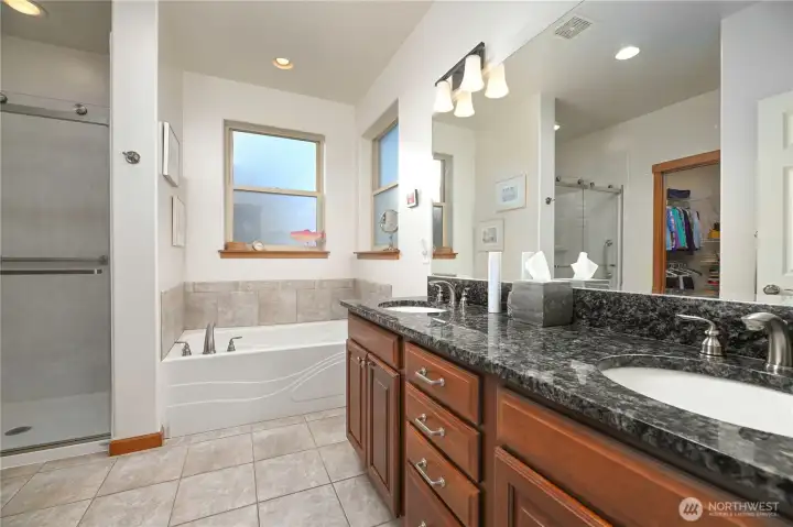 Full primary bath double sink vanity, soaking tub and newer walk-in shower.