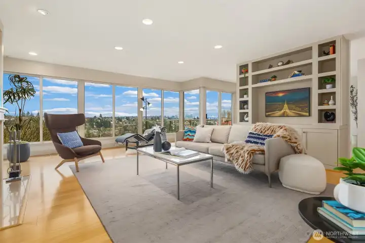 We're facing SE here...imagine the natural light that spills into these main living spaces, even on cloudy days.  And the views!  Magnolia's east hill is topped by the tips of the Cascade Mountains on clear days, with the vista opening up to the south to include Downtown, Elliott Bay, and Mt Rainier.