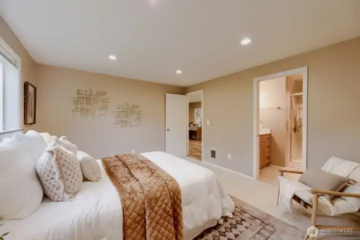 Primary Bedroom with Ensuite 3/4 Bath, Window to Willow Tree & the Babbling Creek
