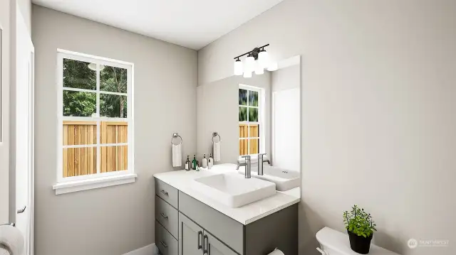 Guest Bath- Lower Floor.  Features and colors vary. Model Homes Photos. Pictures are for illustration only.