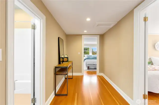 Upstairs is lined with gorgeous fir floors