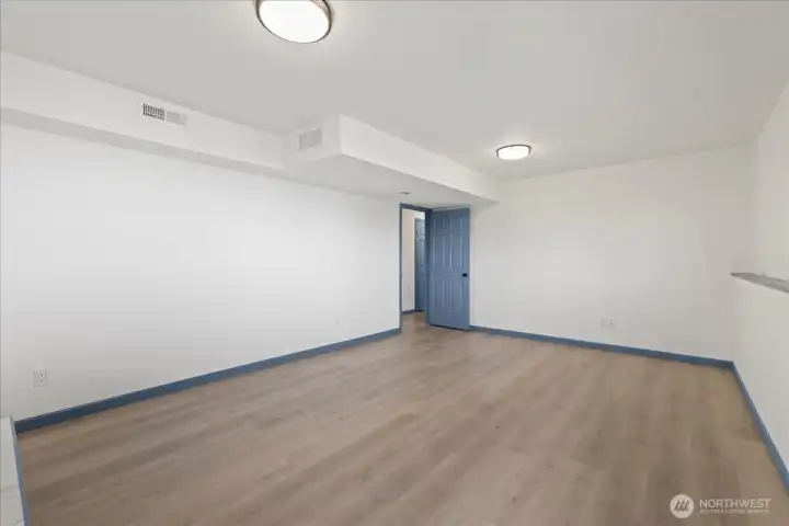 Looking towards the door from the fireplace