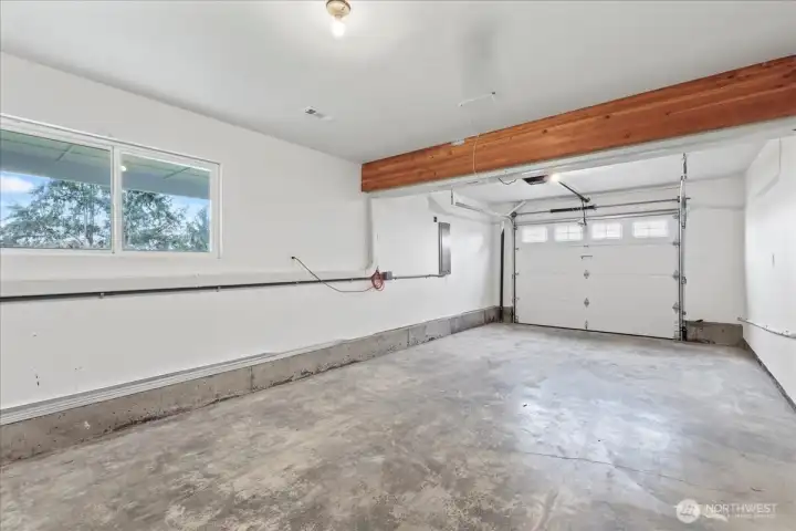 Deep garage attached to the home.