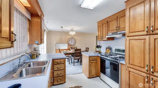 A large double sink anchors the kitchen, offering functionality and a clear view into the nearby dining area—perfect for multitasking while staying connected while prepping or cleaning