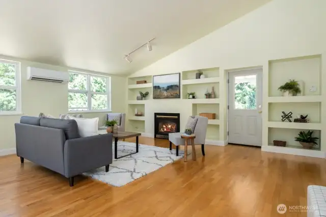 Custom built shelves in large living area