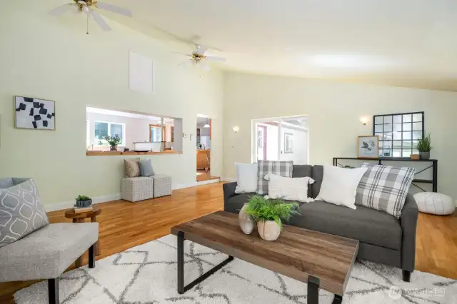 Looking from living area to dining and kitchen