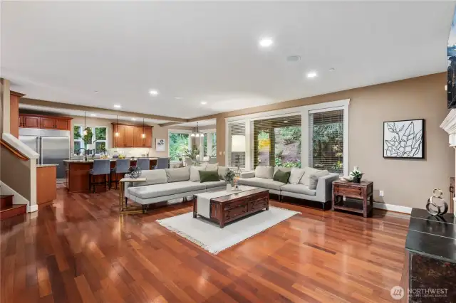 Spacious kitchen, living, dining area