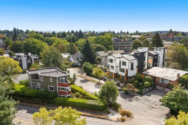 From above, you see Riven nestled among lush greenery and vibrant streets, offering both privacy and connection to the city.