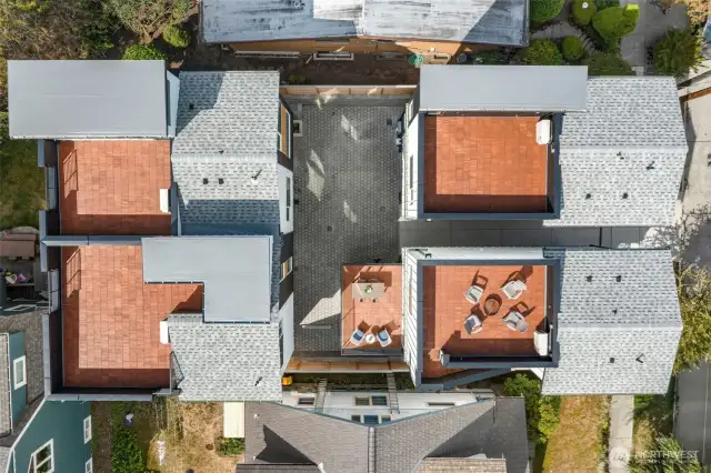 A bird’s-eye view reveals the thoughtful design of Riven’s four-home community, each residence carefully positioned for light, privacy, and curb appeal.