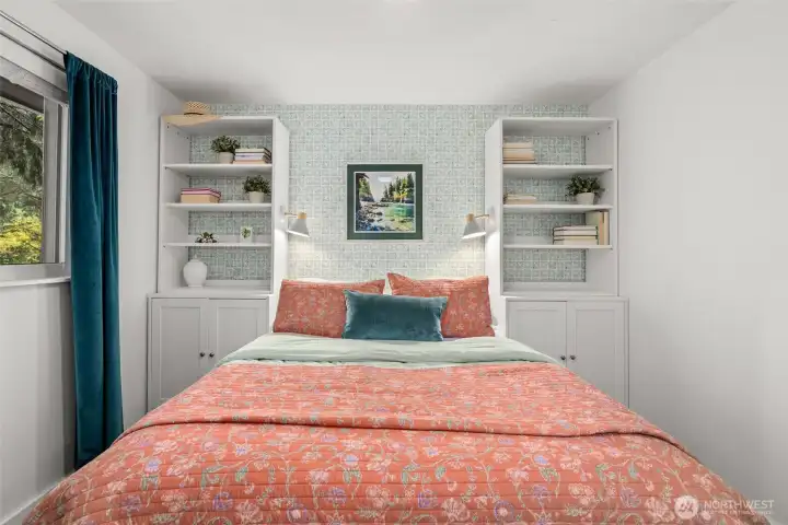 Main bedroom has attractive built-ins for extra storage