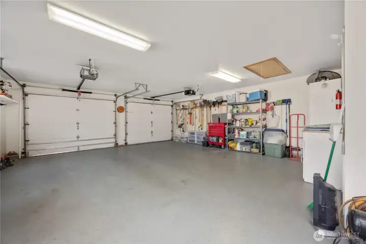 Oversized 2 car garage with built-in storage.