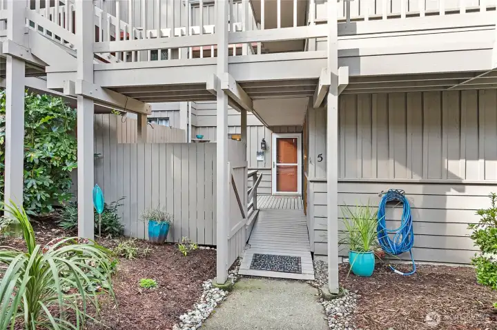 Gated deck/entry. No stairs for easy access.