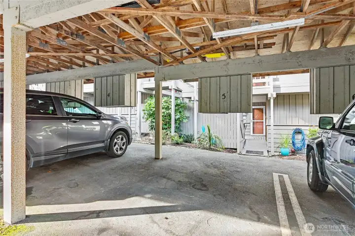 Carport parking with storage locker.