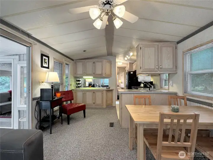 View from living room showing connection to kitchen