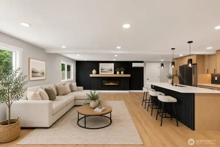 Family room and Kitchen. Virtually staged furniture.