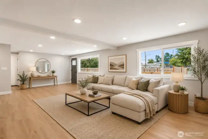 Family room and Kitchen. Virtually staged furniture.