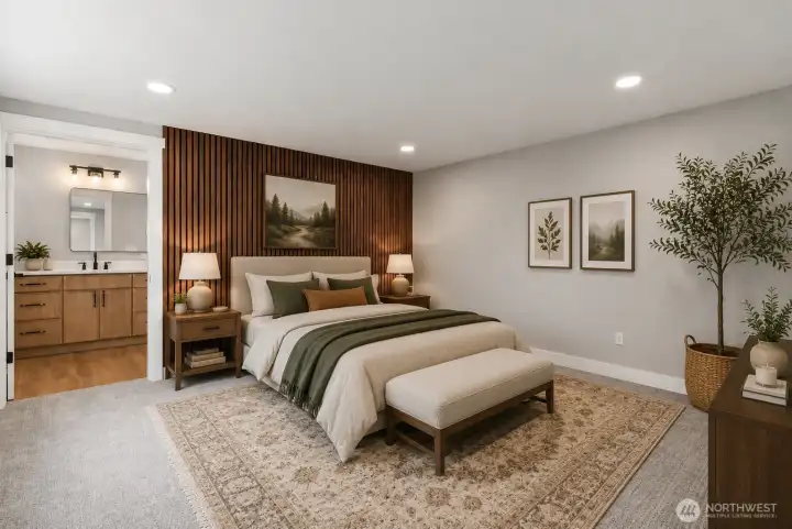 Primary bedroom. Virtually staged furniture.