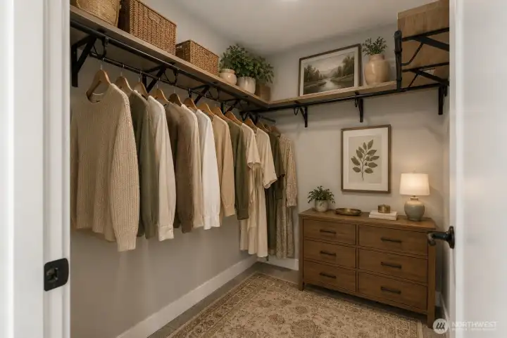 Primary bedroom closet. Virtually staged furniture.