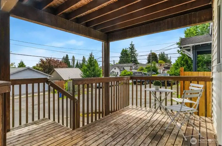 Just outside your front door, the covered deck gives you a sweet little spot for morning coffee, fresh air, or your favorite evening beverage.