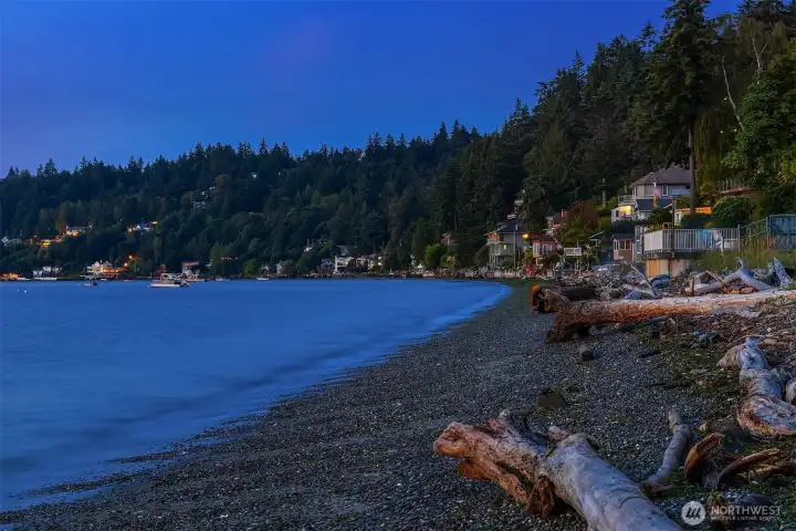At low tide (not shown here), the shoreline unveils a spectacular sandy beach—one of the finest stretches in the entire Puget Sound region.