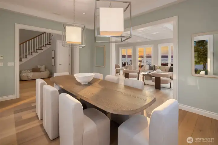 The dining room feels generously proportioned, easily accommodating lively gatherings with friends while still taking full advantage of the surrounding views.